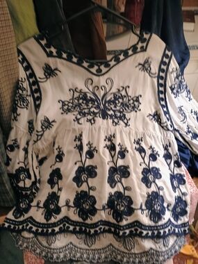 White Tunic Top with Navy Floral Embroidery
